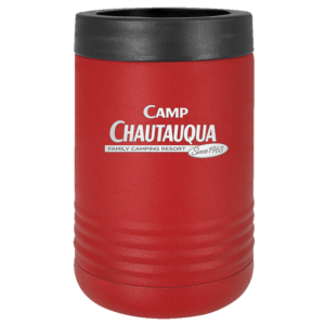 12oz can holder in red with the Camp Chautauqua logo