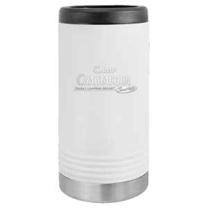 12oz slim can holder in white with the Camp Chautauqua logo