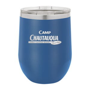 12oz wine in royal blue with the Camp Chautauqua logo