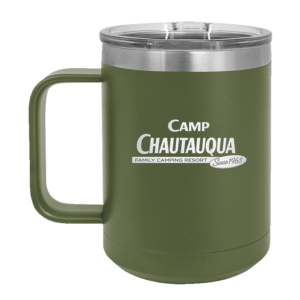 15oz travel mug in olive with the Camp Chautauqua logo