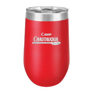 16oz wine in red with the Camp Chautauqua logo