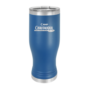 20oz pilsner in royal blue with the Camp Chautauqua logo