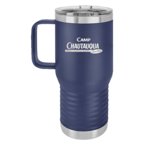 20oz travel mug in navy with the Camp Chautauqua logo