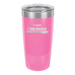 20oz tumbler in pink with the Camp Chautauqua logo
