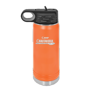20oz water bottle in orange with the Camp Chautauqua logo