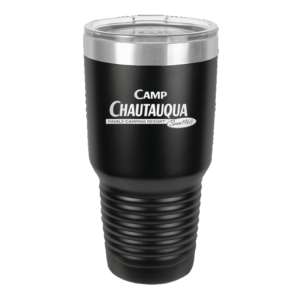 30oz tumbler in black with the Camp Chautauqua logo