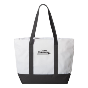 Blackl Tote bag with the Camp Chautauqua logo between the handles