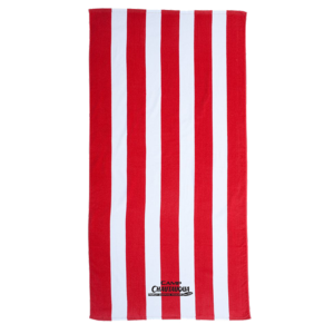 Red and white striped towel with the Camp Chautauqua logo