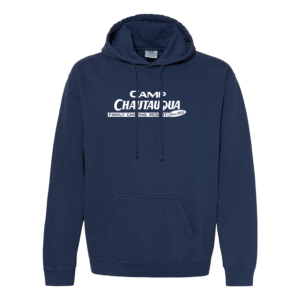Hooded sweatshirt in navy with the Camp Chautauqua logo on the center of the chest
