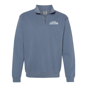 Comfort Colors Quarter Zip in Blue Jean with the Camp Chautauqua logo on the left chest