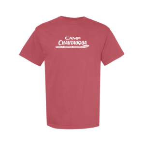 Unisex t-shirt in crimson with the camp Chautauqua logo in the center of the chest