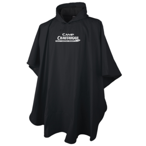 Peak rain poncho in black with Camp Chautauqua logo on the center of the chest