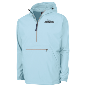 Pack-N-Go pullover in aqua with the Camp Chautauqua logo on the left chest
