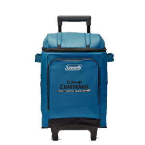 Insulated portable wheeled cooler with the Camp Chautauqua logo on the front pocket