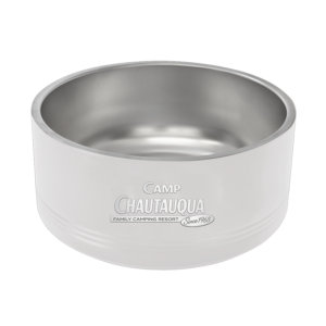 White insulated pet bowl with the Camp Chautauqua logo