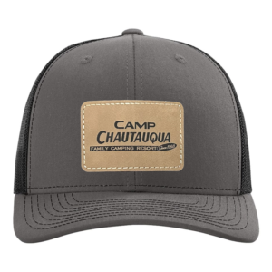 Charcoal Grey/Black Richardson Snapback with a Camp Chautauqua Patch in light brown