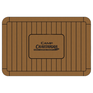 Recycled welcome mat with the Camp Chautauqua logo in the center