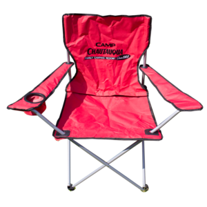 Red folding beach chair with the Camp Chautauqua logo on the chair back