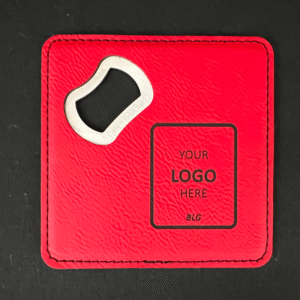 Red Bottle Opener Coaster with Rectangle "Your Logo Here" Logo in black