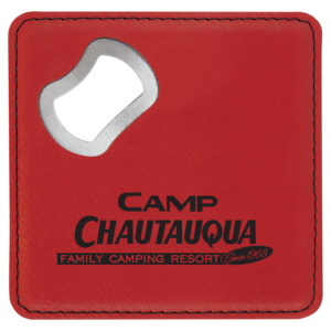 Red drink coaster with bottle opener built in and Camp Chautauqua logo lasered on