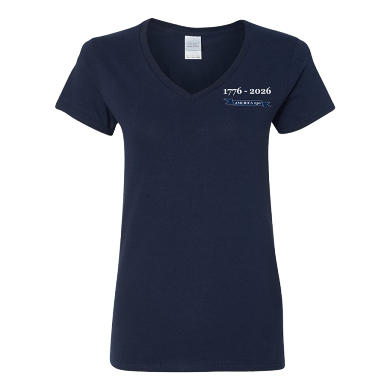 Front view of women's America 250 shirt in navy