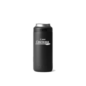 Yeti 12oz Slim Colster in Black with Camp Chautauqua Logo lasered on