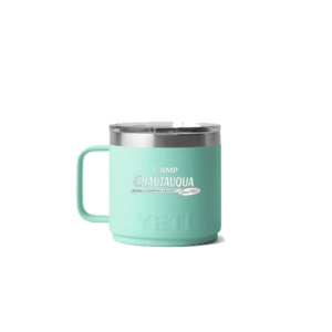 Yeti 14oz Stackable Mug in Seafoam with Camp Chautauqua Logo lasered on